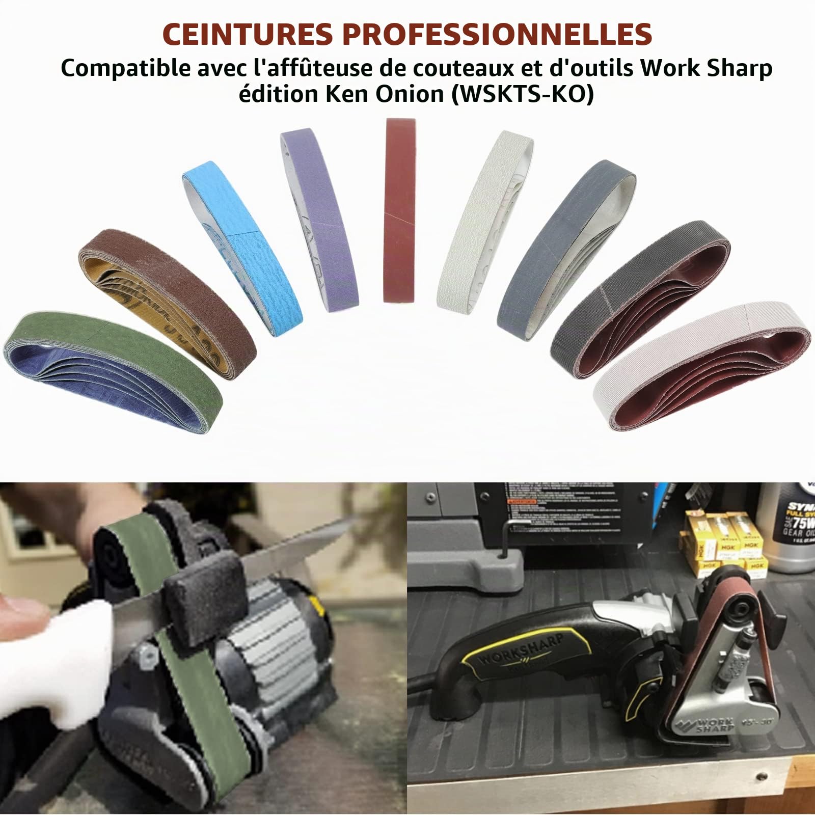 Lot de 45 bandes abrasives de rechange pour affûteur Work Sharp Ken Onion Edition (WSKTS-KO), 1,9 x 30,5 cm, 80/120/240/400/600/800/1000/2500/5000 grains