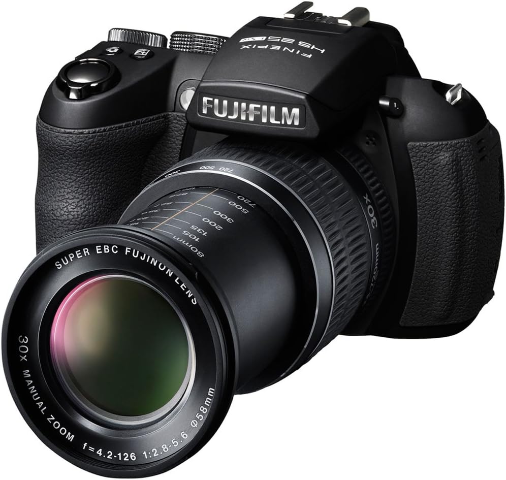Fujifilm FinePix HS25EXR digital camera, front 3/4 view with lens extended