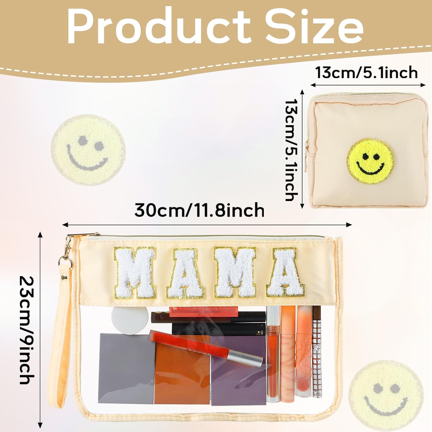party greeting 2Pcs Mama Gifts Mom Chenille Makeup Bags Portable Travel Cosmetic Bag with Zipper Preppy Patch Letter Bag Waterproof Storage Purse Flat Clear Pouch PVC Organizer for Mother Women