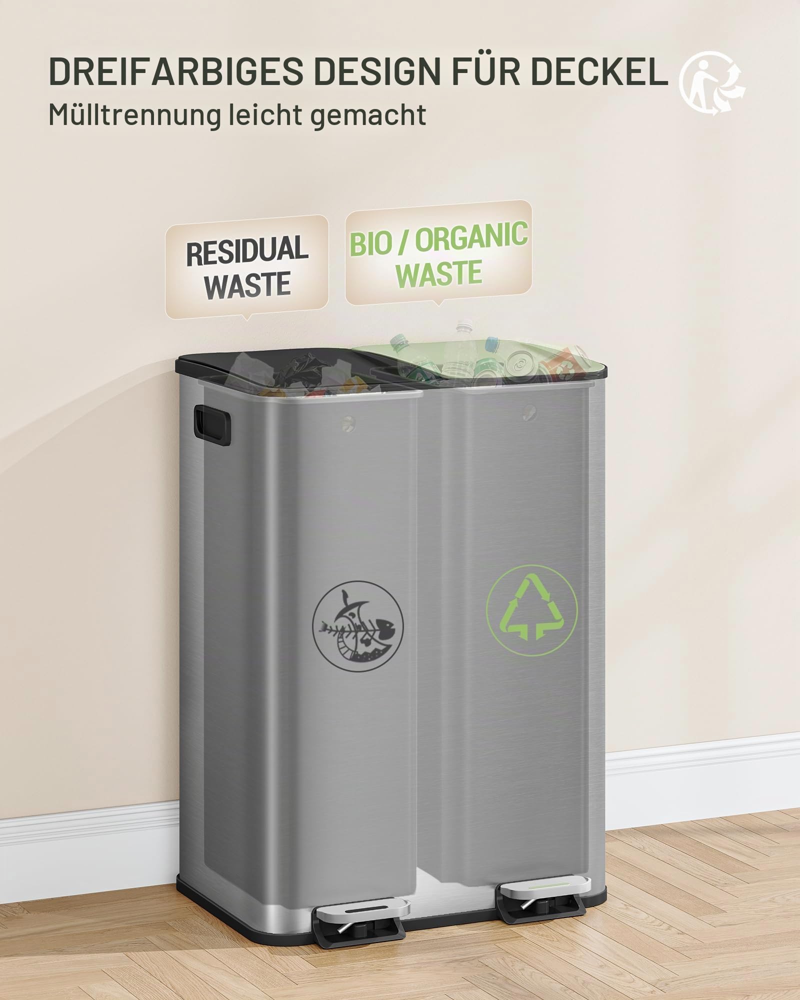 Hzuaneri Mülleimer Küche, 2 x 30 L, Mülltrennsystem 2 Fächer, Mülleimer mit Farbigem Soft-Close-Deckel und Pedal, Küchenabfalleimer mit Inneneimer, Stahl, inklusive 15 Müllbeuteln, Silber SW23199E