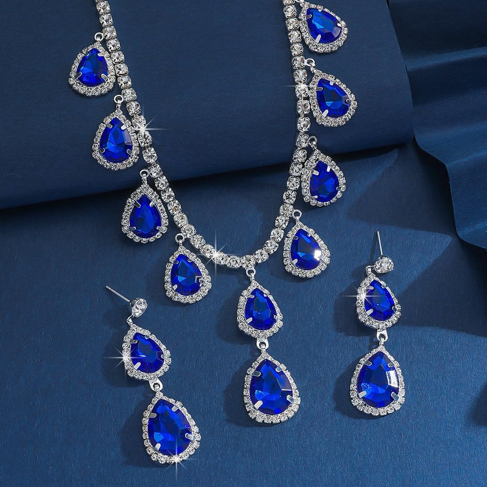 Boho Bridal Wedding Fashion Red Green Blue Shinny Necklace Silver Rhinestones Choker Necklace Earrings Set Dainty Sexy Choker Necklace Halloween Christmas Necklace for Women - Image 2