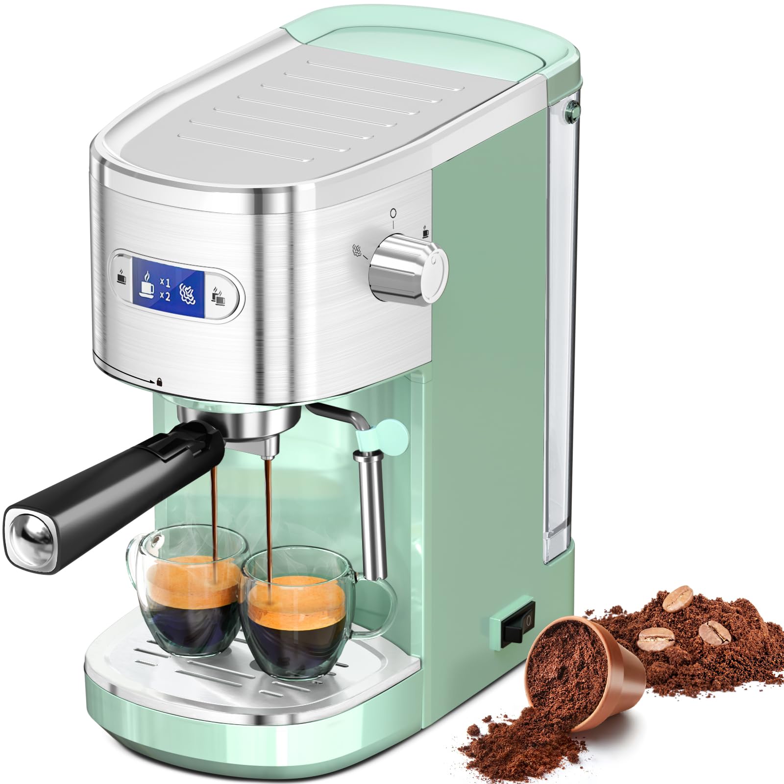 Electactic 20 Bar Espresso Machine, Professional Stainless Steel Coffee Maker with LCD Display, 45oz Removable Water Tank, Home &amp; Office Espresso Maker for Cappuccino Latte Macchiato, Green