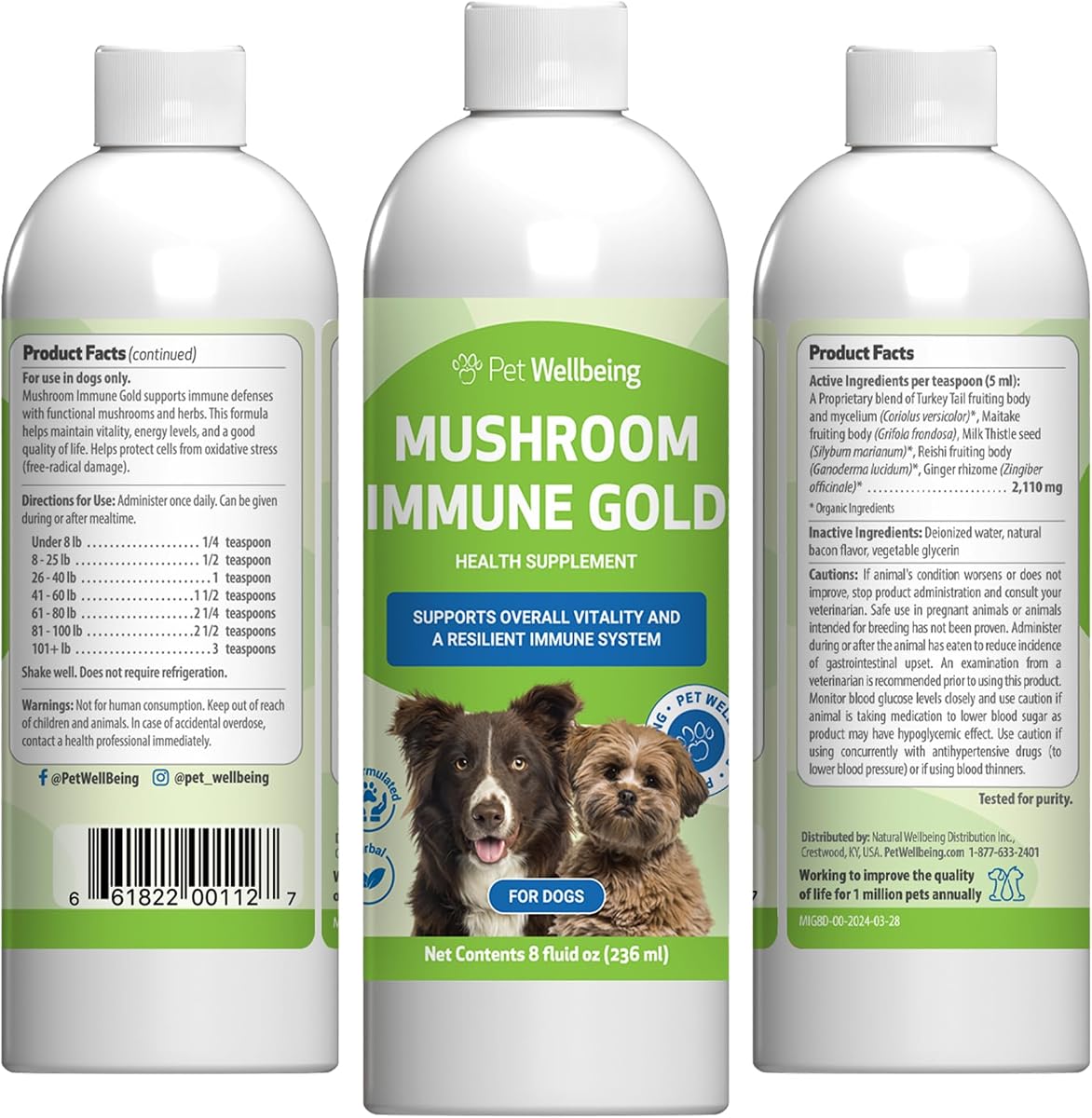Pet Wellbeing Mushroom Immune Gold para perros - Defensa inmune, 8 oz | Suplemento de hongos líquidos certificado por NASC y formulado por veterinarios con reishi y cola de pavo para apoyo inmunológico complementario