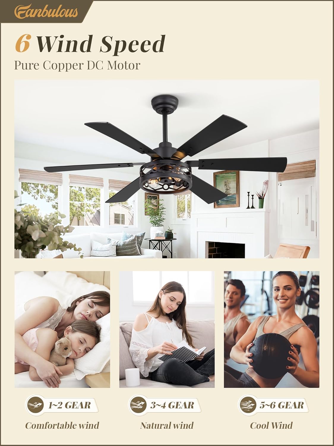 Fanbulous 50 Inch Ceiling Fan with Lights, Farmhouse Caged Ceiling Fans with Remote, Black Industrial Ceiling Fans with Quiet Reversible DC Motor, Small Ceiling Fan for Living room, Bedroom