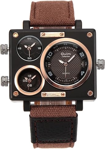 Mens Square Wrist Watch, 3 Time Zones, Stylish, Sports Watch, Leather, Strap, Waterproof, Casual, Business, Brown, Gift for Boyfriend, Fashion, Accessory