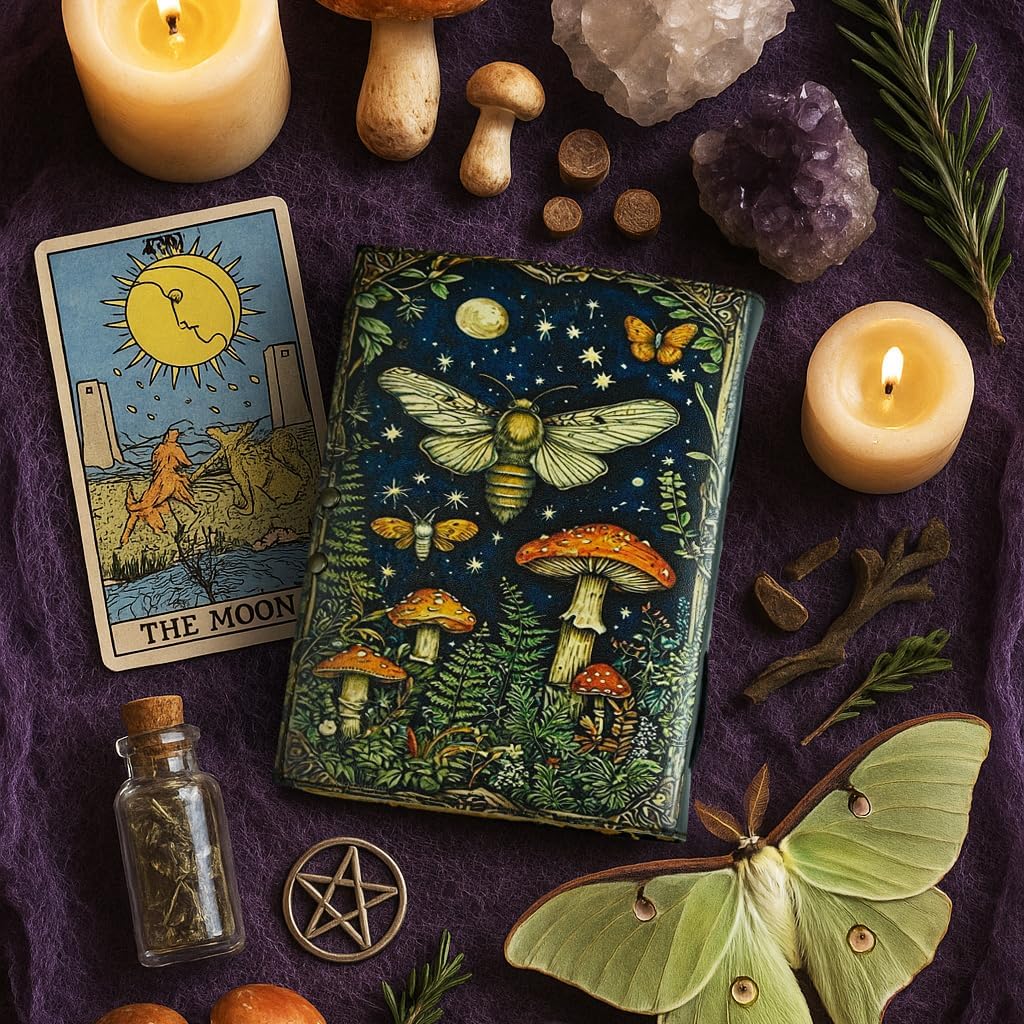 Urooj Handicraft Grimoire Vintage Mushroom leather journal, Handmade Antique Deckle Edge Paper Spell Book of Shadows Sketchbook Gifts