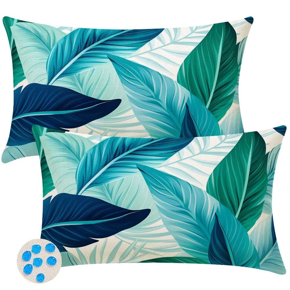 Outdoor Cushions Waterproof Cushion Covers 35cm x 55cm Pack of 2 Green Garden Cushion Cover Leaves Summer Throw Pillow Covers 14 x 22 Inch Outdoor Pillowcase for Garden Furniture Living Room -SC506