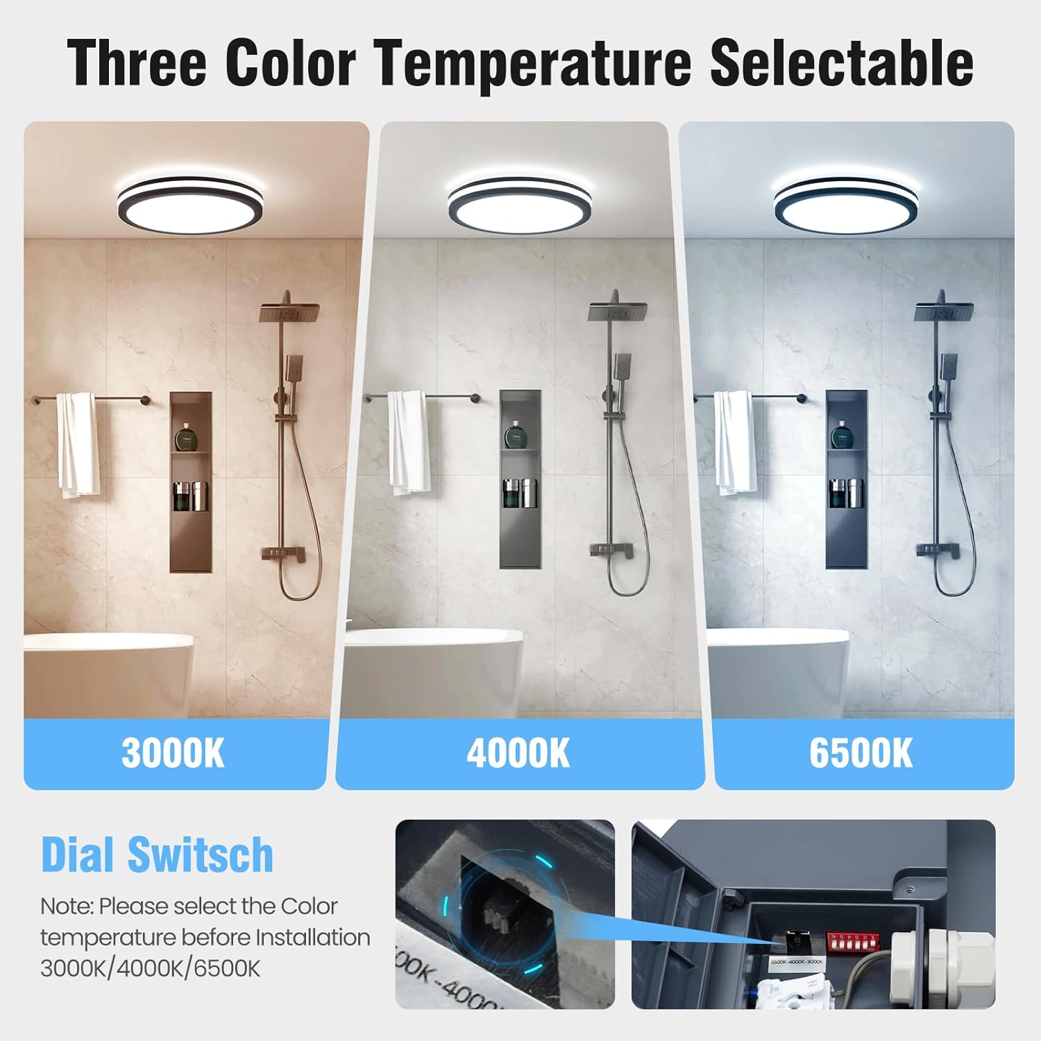 LEZOE LED Ceiling Light showing three color temperature options: 3000K, 4000K, 6500K