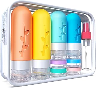 Tocelffe 18-Pack TSA Approved Silicone Travel Bottles - Leakproof Toiletries Kit with Bag, Jars, Sprays for Shampoo & Lotion