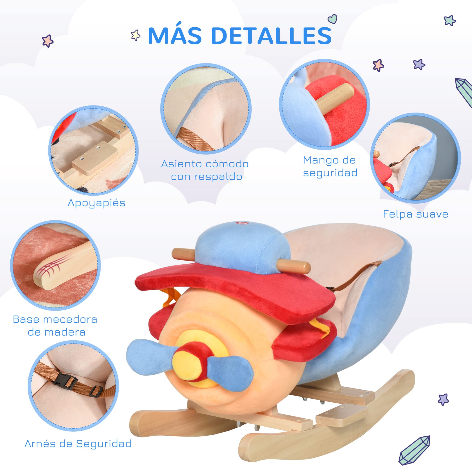 HOMCOM Caballo Balancin Niño Avion Peluche+Musica Cinturon Seguridad Caballito Infantil