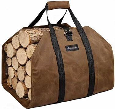 AMAGABELI GARDEN & HOME Firewood Carrier Waxed Canvas Firewood Bag Heavy Duty Large Fireplace Carrier Durable Log Tote Fire Wood Carring Bag with Handle Wood Sling Holder Stove Accessories Dark Brown