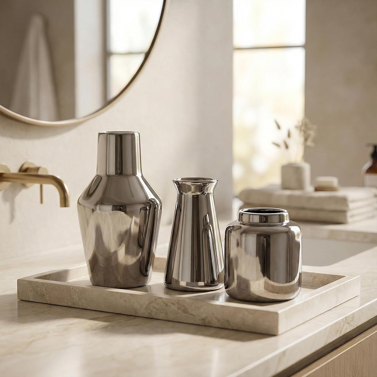 3 Piece Wide Mouth Vase Set for Table Centerpiece, Ceramic Silver Flower Vase for Pampas Grass Decor, Glossy Silver Unique Vases for Bathroom Fireplace Top Shelf Entryway Decorative