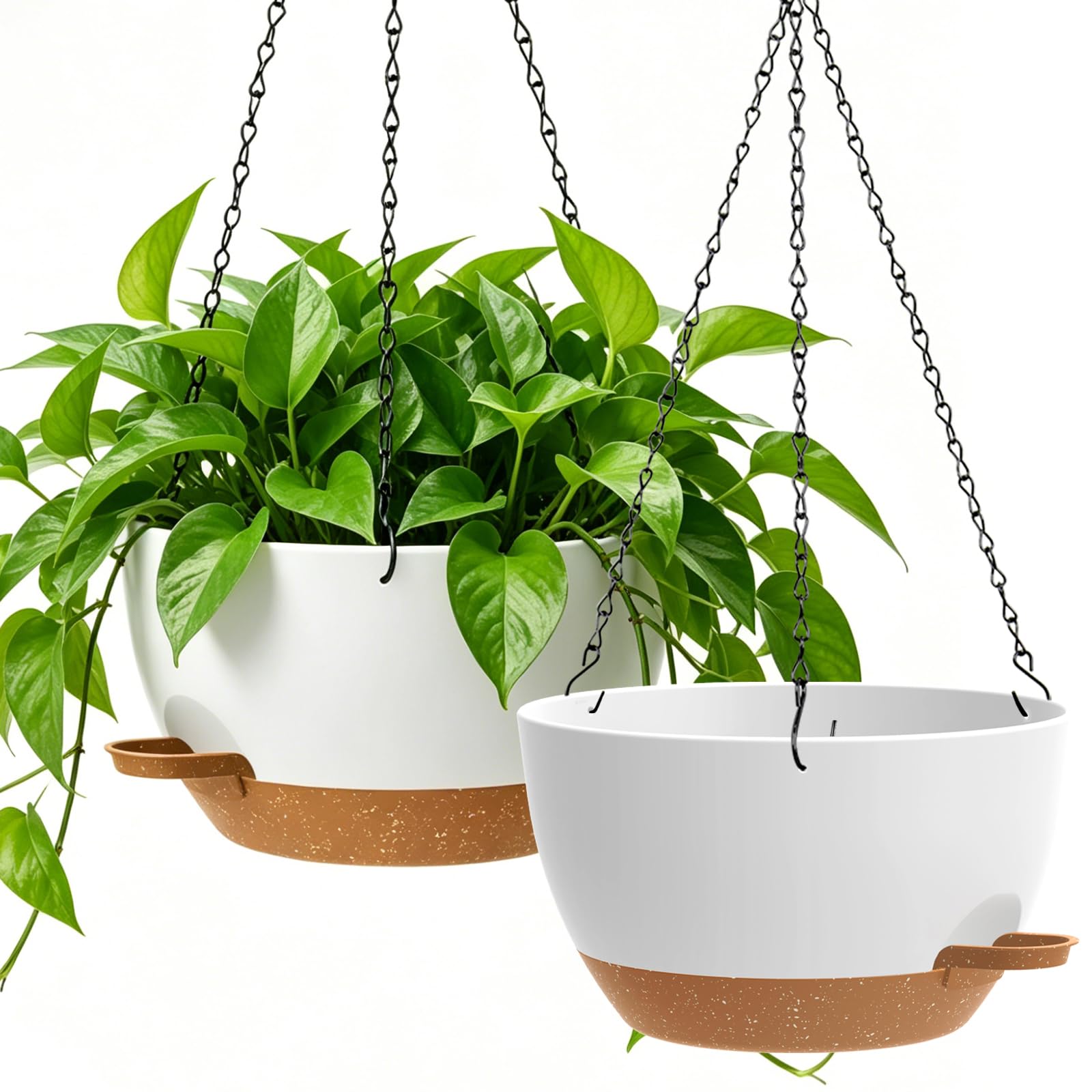 WSMKSZ 33 cm Large Self Watering Hanging Planters Indoor Outdoor, 2 Pack Plastic Hanging Plant Pots with Drainage Holes & Removable Reservoir, Hanging Baskets for Balcony Porch and Flower, White Brown