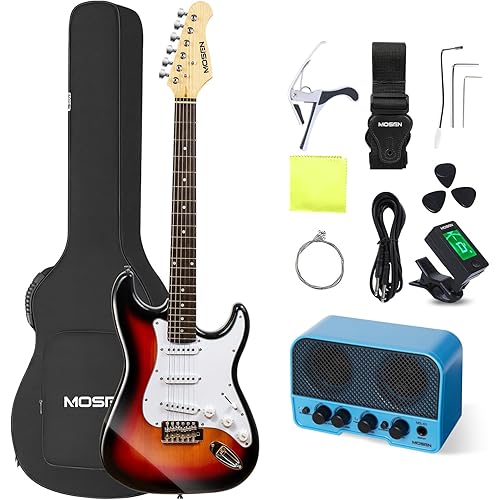 MOSEN 39in Full Size Beginner Electric Guitar Starter Kit, Beginner Starter, with Amplifier, SSS Pickups, Gig Bag, Pick, Tunner, Capo, Cable, Tremolo Bar, Wiping cloth - Sunburst