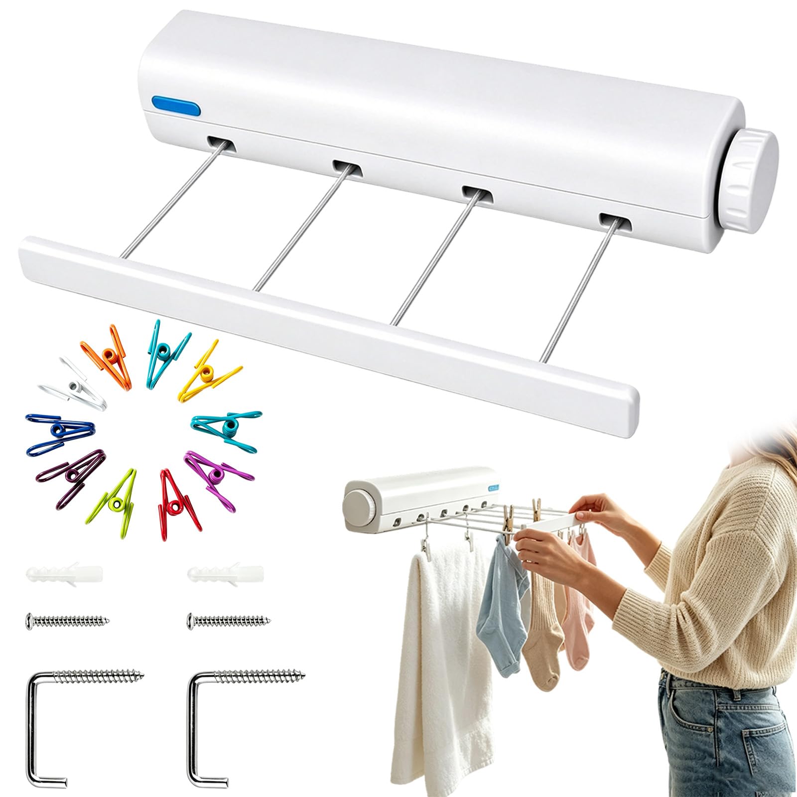 Retractable Multi-Line Clothesline Dryer, 4/5 Retractable Dryer for Indoor Outdoor Laundry Drying Rack Terraces Balconies (4-Line)