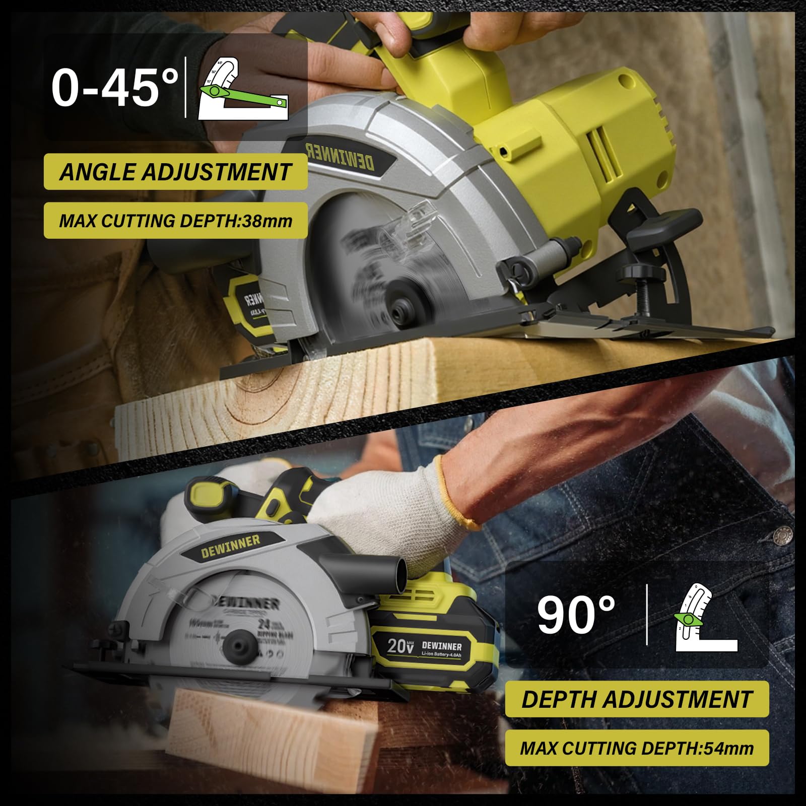 DEWINNER Sierra Circular Inalámbrica,Sierra Circular de Mano 4000RPM con Batería 4.0Ah,Corte 54mm(90°)-38mm(45°), 3 Hojas 165mm 24Dientes + Bolsa Lona, Ideal para Corte Madera (Dos Baterías)