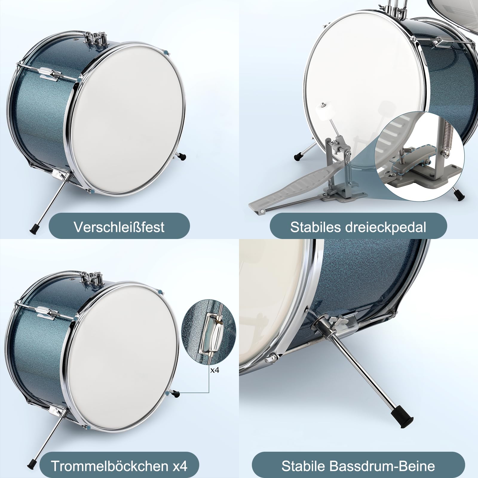 LEADZM Schlagzeug Set 14'' für Kinder ab 3 Jahren, 3PC Anfänger Drum Set mit Hocker, Bassdrum-Pedal und 2 Drumsticks, Becken, Tom und Snare Drum (Blau)