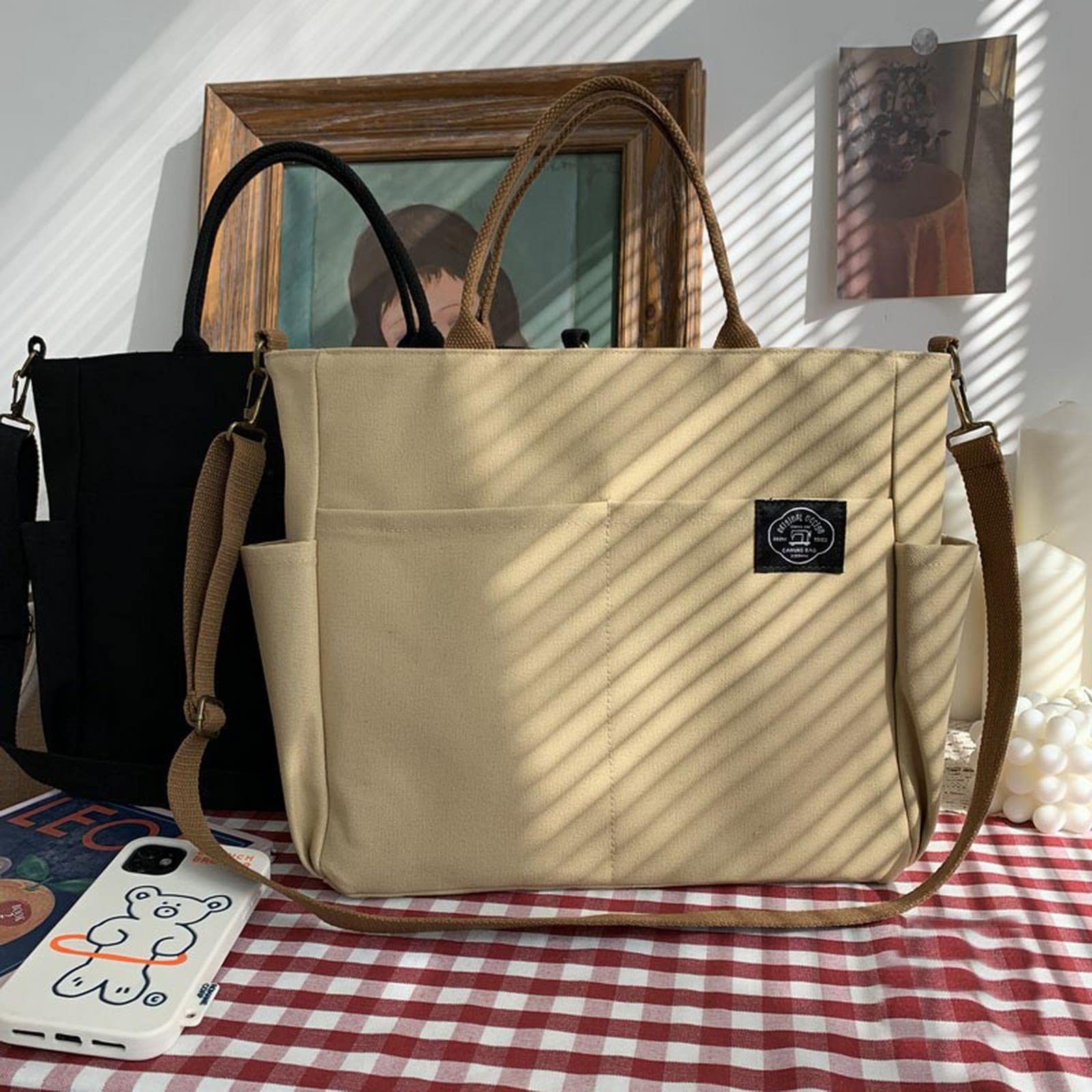 MOGSA Bolso de hombro para mujer, estilo retro, de gran tamaño, de lona, de algodón, cruzado, con cremallera, casual, con múltiples bolsillos