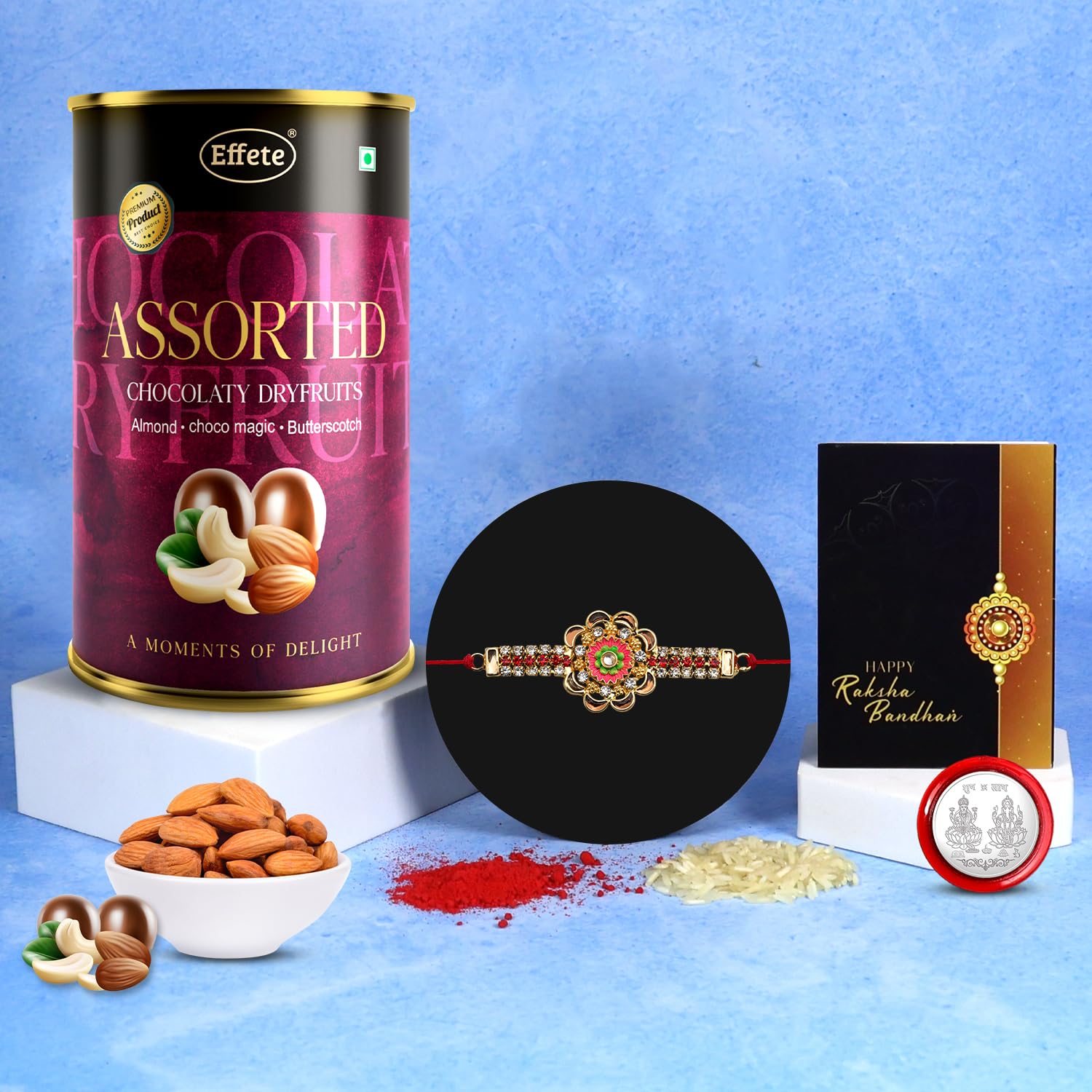DeoDap Chocolate with Rakhi Set for Brother – Colorful Floral Rakhi with Assorted Dry Fruits Chocolate (96 GM) – Silver Color Pooja Coin & Greeting Card, Traditional Raksha Bandhan Combo Set for Bhai-image-13