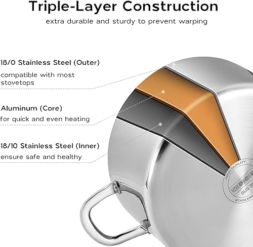 Miniatura 3 de Onader Olla de acero inoxidable 1810 olla de cocina de 8 cuartos con tapa olla de inducción de tres capas