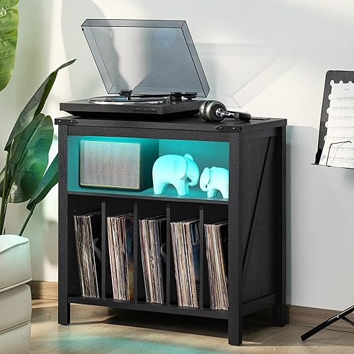 Miniatura 5 de Soporte grande para tocadiscos con estación de carga y luces LED, soporte de almacenamiento de discos de vinilo negro con capacidad para hasta 230