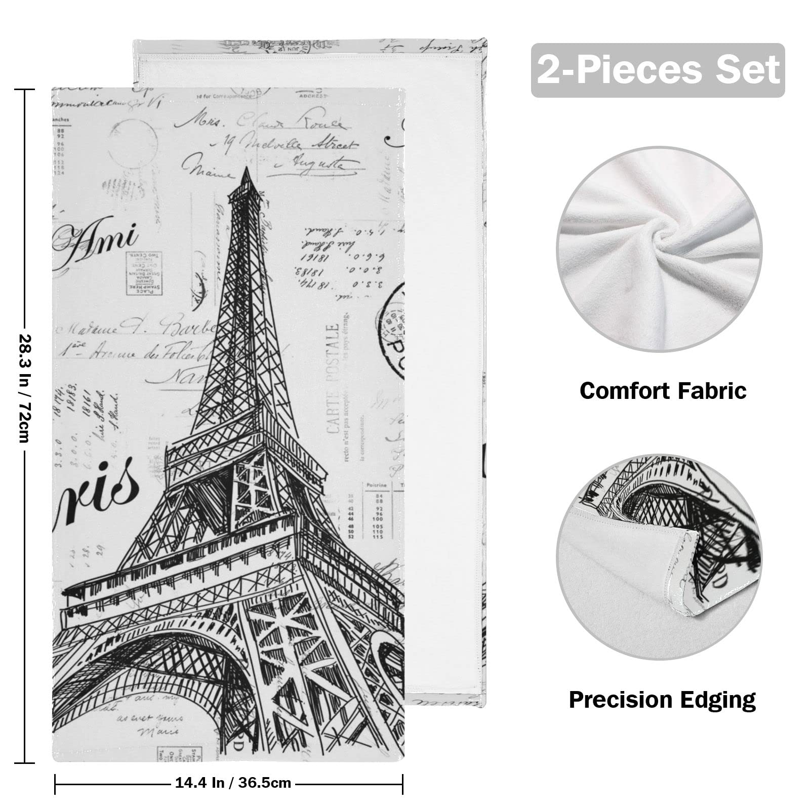Kigai Paris Eiffel Tower Towel Set of 2, Highly Absorbent Bath Towel Set, Soft Hand Towels, 2 Wash Cloths, Fingertip Towel for Bathing