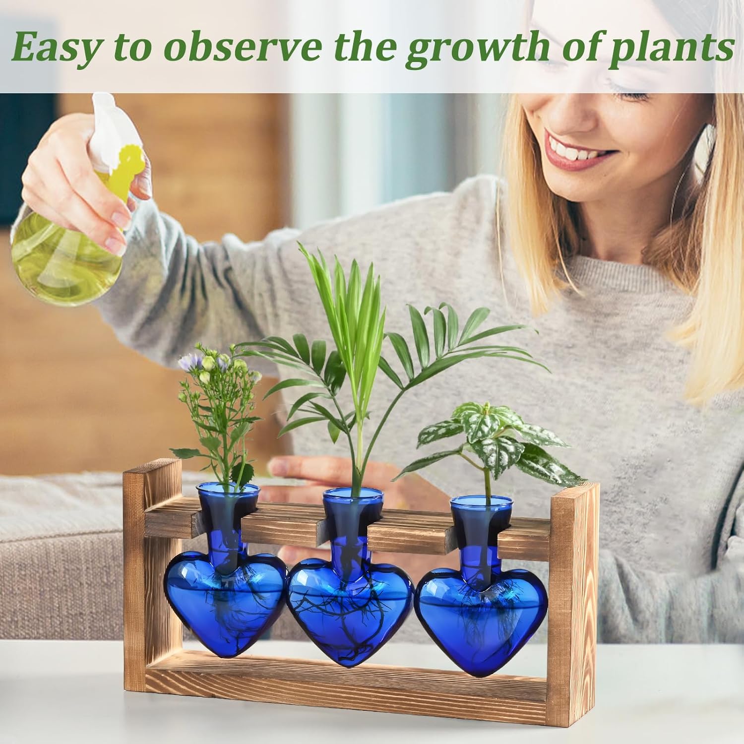 Lifecapido Heart Shaped Propagation Stations, Plant Terrarium with Wooden Stand, Plant Propagation Station for Hydroponics Plants Office Garden Home Decor, Gifts for Women Plant Lover (3 Vases, Blue) - Image 3