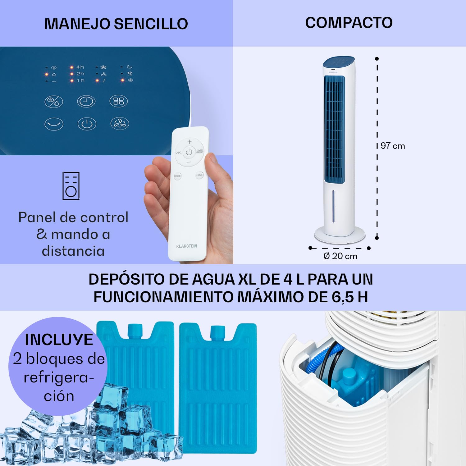 Klarstein Climatizador Portatil Frio 5 en 1 Ionizador, Mini Enfriador de Aire, Silencioso Modo Noche, Mando a Distancia, Humidificador, Ventilador, Purificador, Aparatos Aire 360m³/h, 50W, Blanco