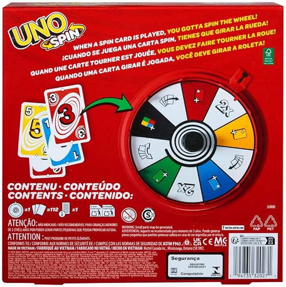 Mattel Games UNO Spin Card Game, Ages 7+, 2-10 Players | Classic Play with Randomized Spinner, Challenges & Special Rules for Kids, Teens & Family Game Night, JGR00
