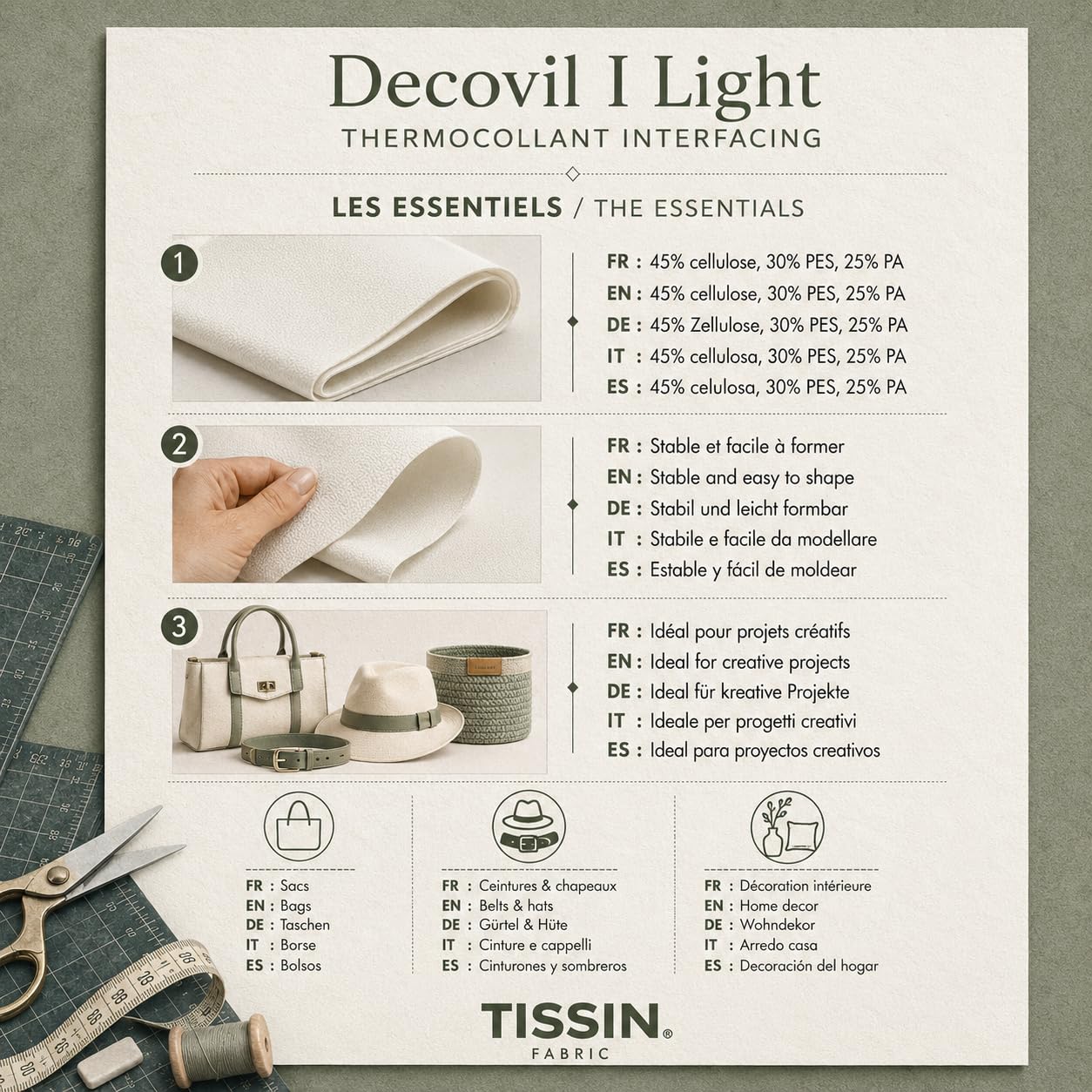 Entretela termoadhesiva estable de aspecto de piel Decovil I Light – 300 x 90 cm – Cupón tejido procedente de un rodillo Vlieseline – Refuerzo para bolsas, bolsas, sombreros y accesorios de costura