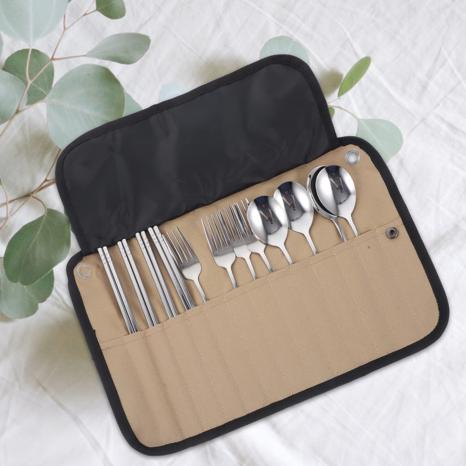 HANABASS Set Posate da Campeggio Portabile Cucchiaio, Forchetta, Cucchiaino e Contenitore, Realizzato in Acciaio Inossidabile e Nailon, per Escursioni e Picnic