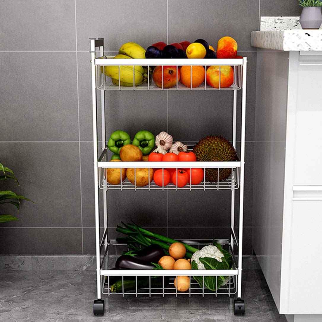 ZYFA Carrello Cucina a 3 Piani Servizio,con Rotelle Bloccabili, Scaffale Portaoggetti Mobile in Acciaio,Carrello Portaoggetti Multiuso, Carrello Salvaspazio, Scaffale Rete Metallica Contenitori
