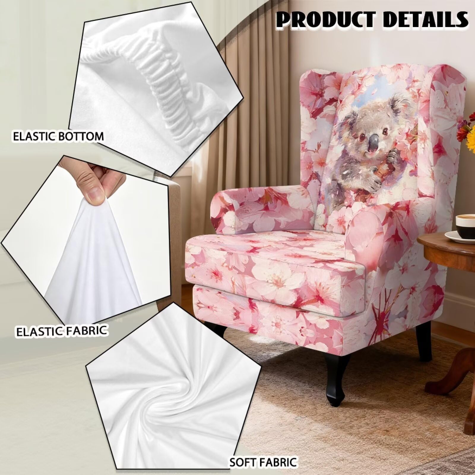 Xoenoiee Koala - Funda para silla con respaldo de alas con estampado de flores de cerezo, 2 piezas, fundas para sillón con parte inferior elástica, protector antideslizante para muebles para sala de