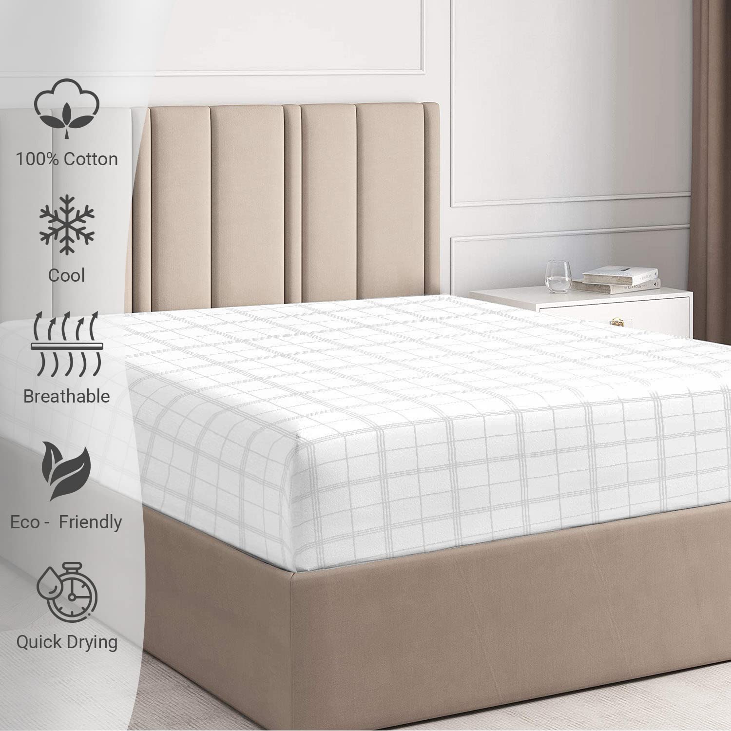 Pizuna 100% Cotton White Big Checks King Size Fitted Sheets, 300 Thread Count Long Staple Combed Cotton Damask Bedding - Image 2