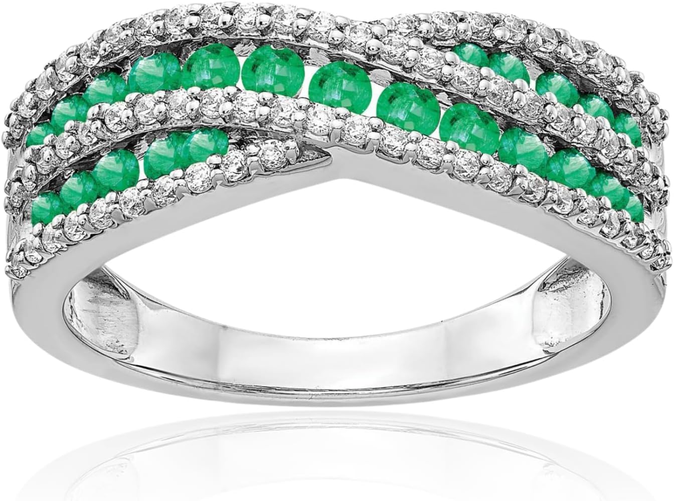 IceCarats 14K Solid White Gold 0.71 carat Green Emerald Diamond Twisted Eternity Anniversary Ring 2mm Slim Band Round Cut, Natural, Prong Set