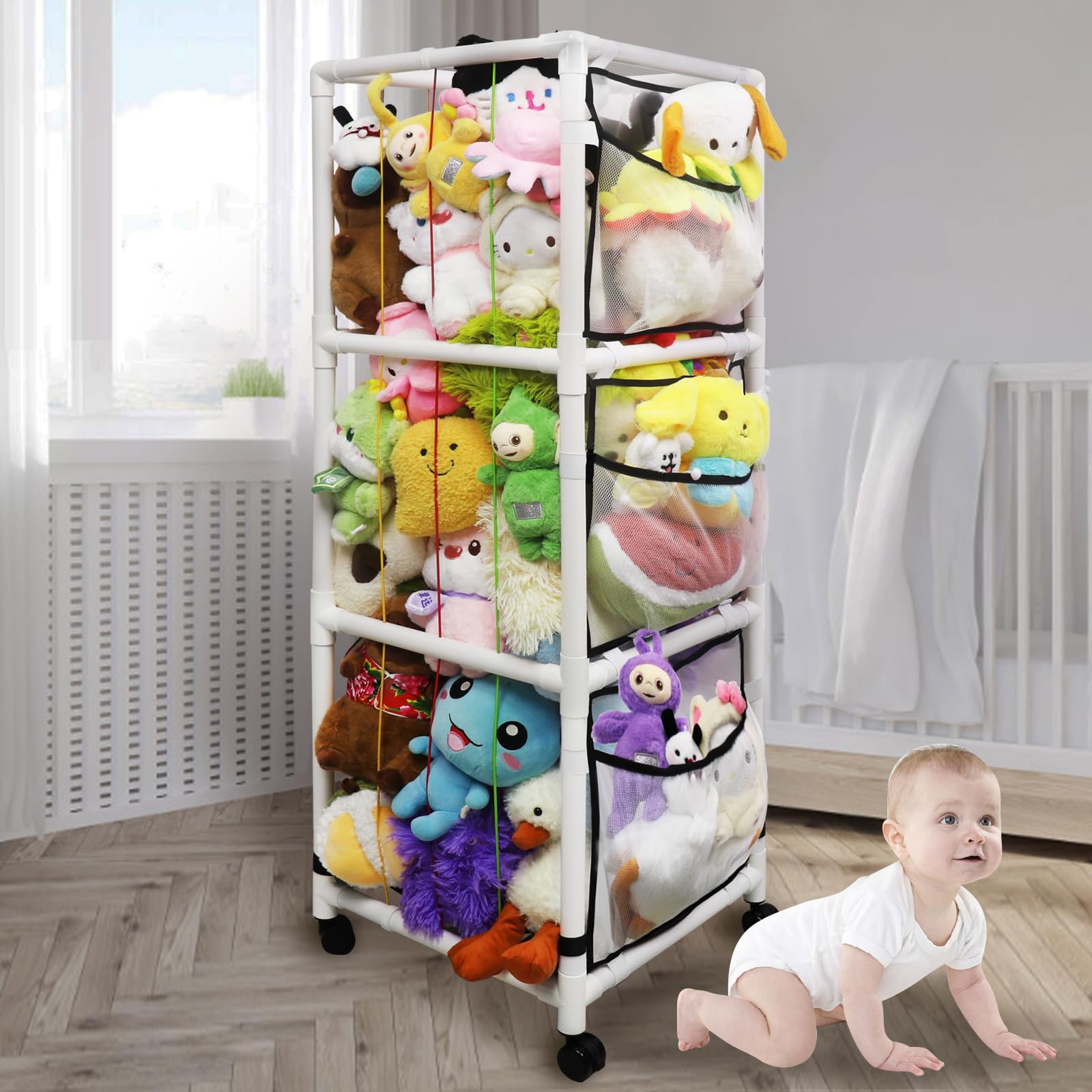 HEYOUTH 360° Drehbare Stofftier Aufbewahrung mit Rollen - Extra Großer Vertikaler Organizer aus ABS zum Platz Sparen im Kinderzimmer, für Kuscheltiere & Plüschtiere