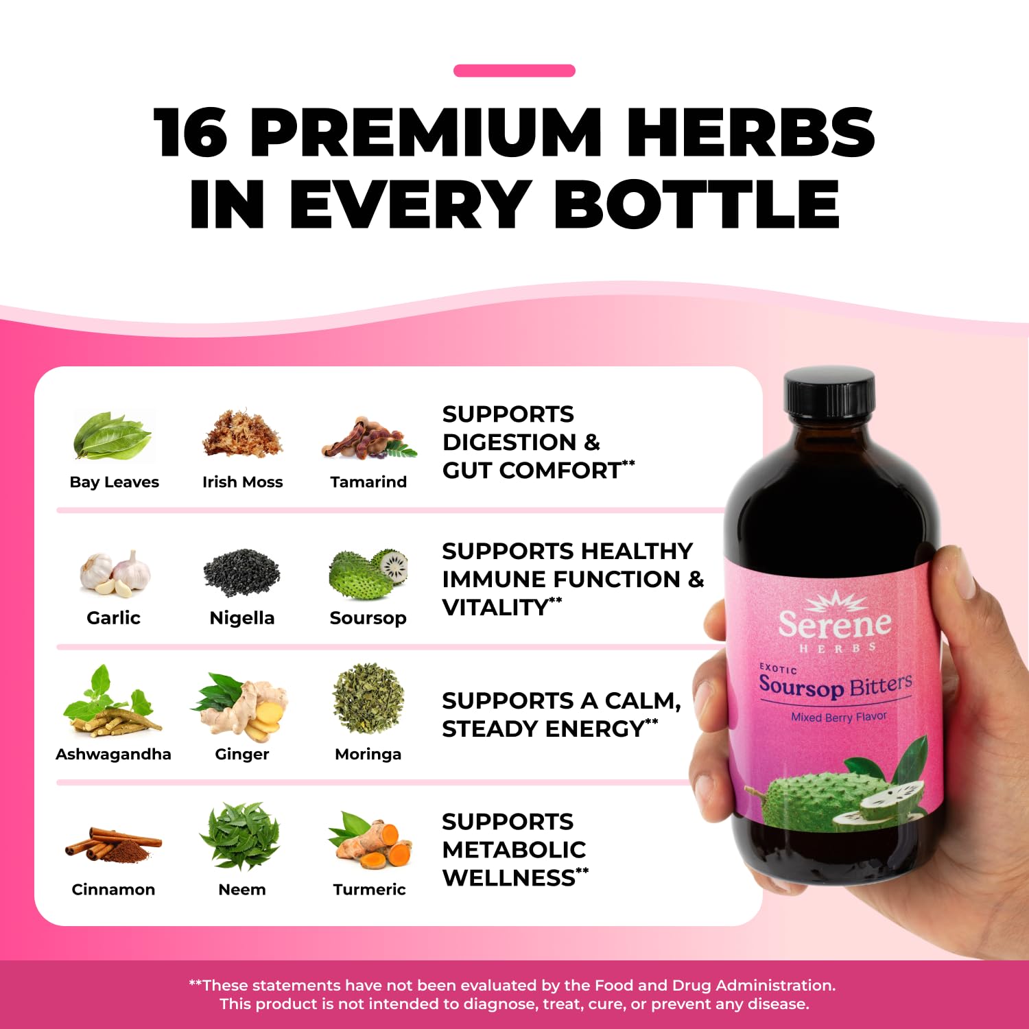 Serene Herbs Soursop Bitters Liquid with Soursop Leaves for Gut Cleanse, Detox & Immune Boost with Black Seed, Moringa, Irish Moss, Ashwaganda, Turmeric,(16 Fl Oz (Pack of 1), Mixed Berry) — Amazon image 7