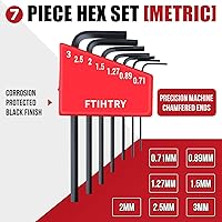 Vista 2 de 7PCS Mini Hex-L Clave Allen Métrica, 0.7mm, 0.9mm, 1.27mm, 1.5mm, 2mm, 2.5mm, 3mm, Acero de Cromo Vanadio