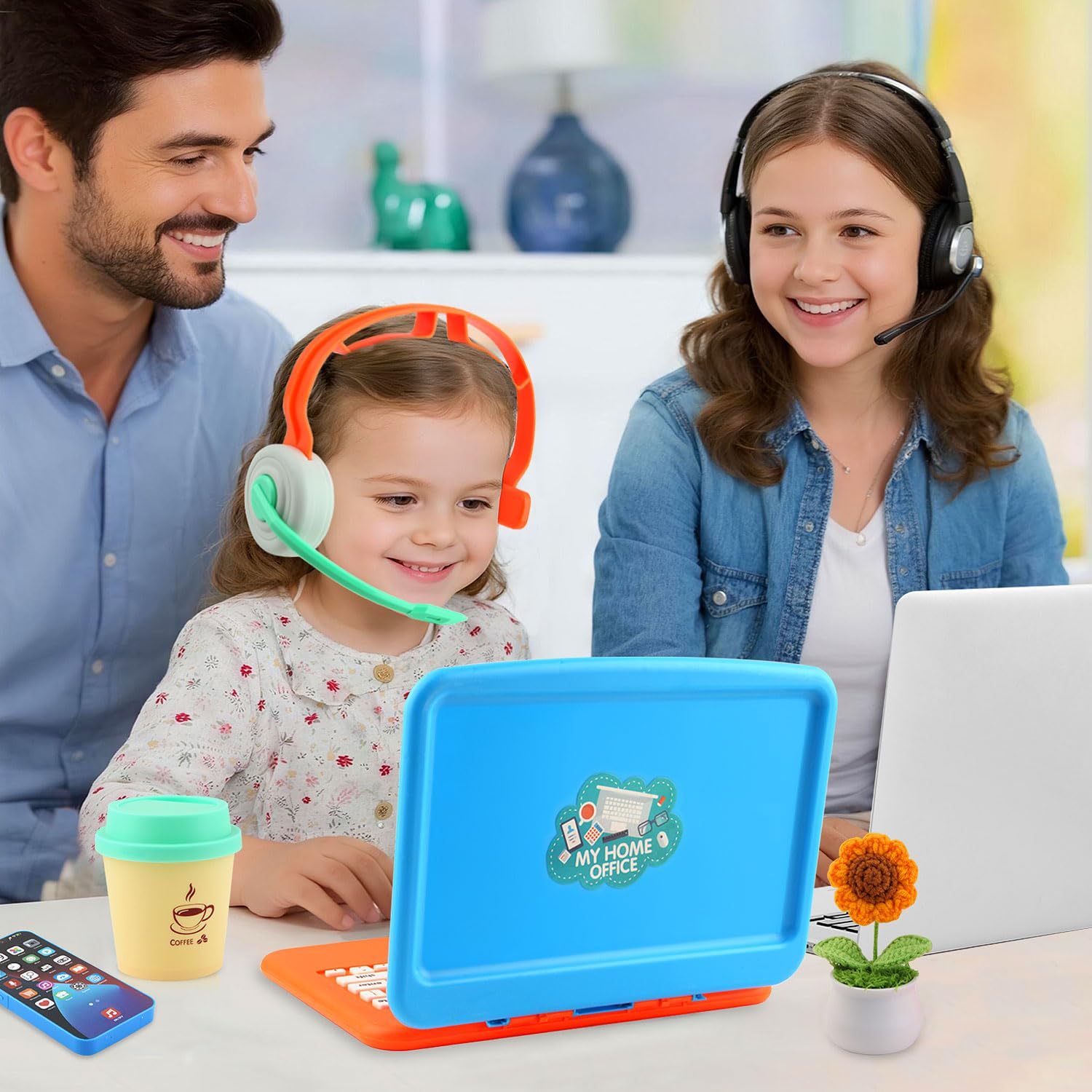 Juego de simulación, juego de oficina en casa para niños, cuenta con computadora portátil de juguete, tableta de escritura LCD, teléfono de juguete, auriculares, girasol y taza de café, regalos de 4