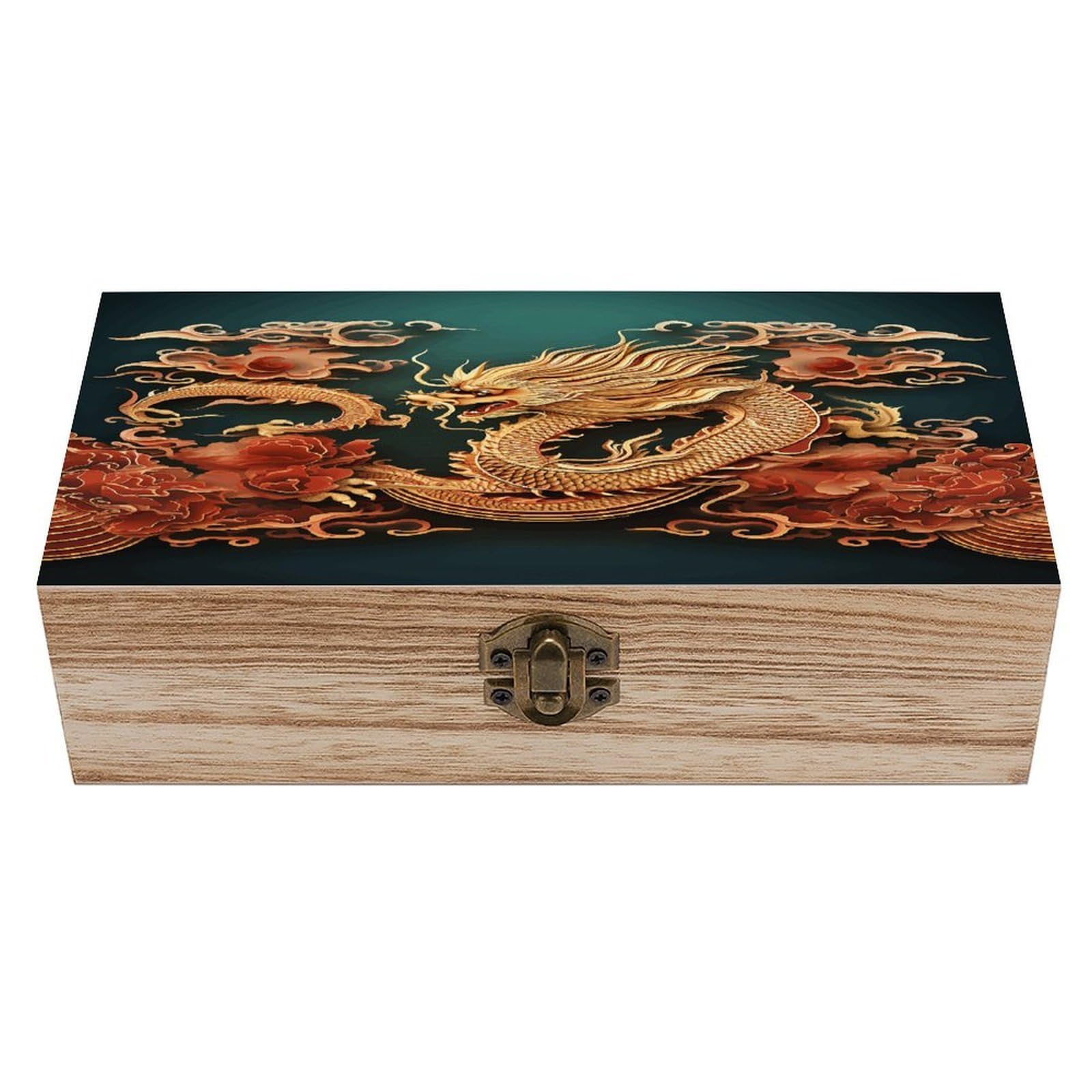VstaDank Dragon Chinese Background Wooden Storage Box Wooden Keepsake Box with Hinged Lid Exquisite Solid Wood Decorative Jewelry Case Memory Box for Jewelry Photos Letters Crafts Trinkets