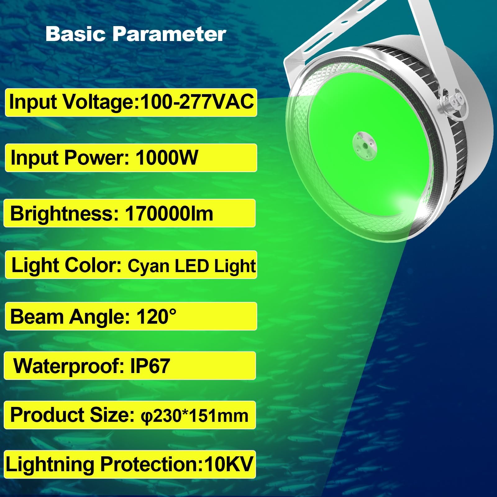 1000 W duża lampa do zbierania ryb, 17000 lm zielona dioda LED dokująca lampa przyciągająca ryby, wodoodporność IP67, do łodzi rybackich, wędkarstwo morskie