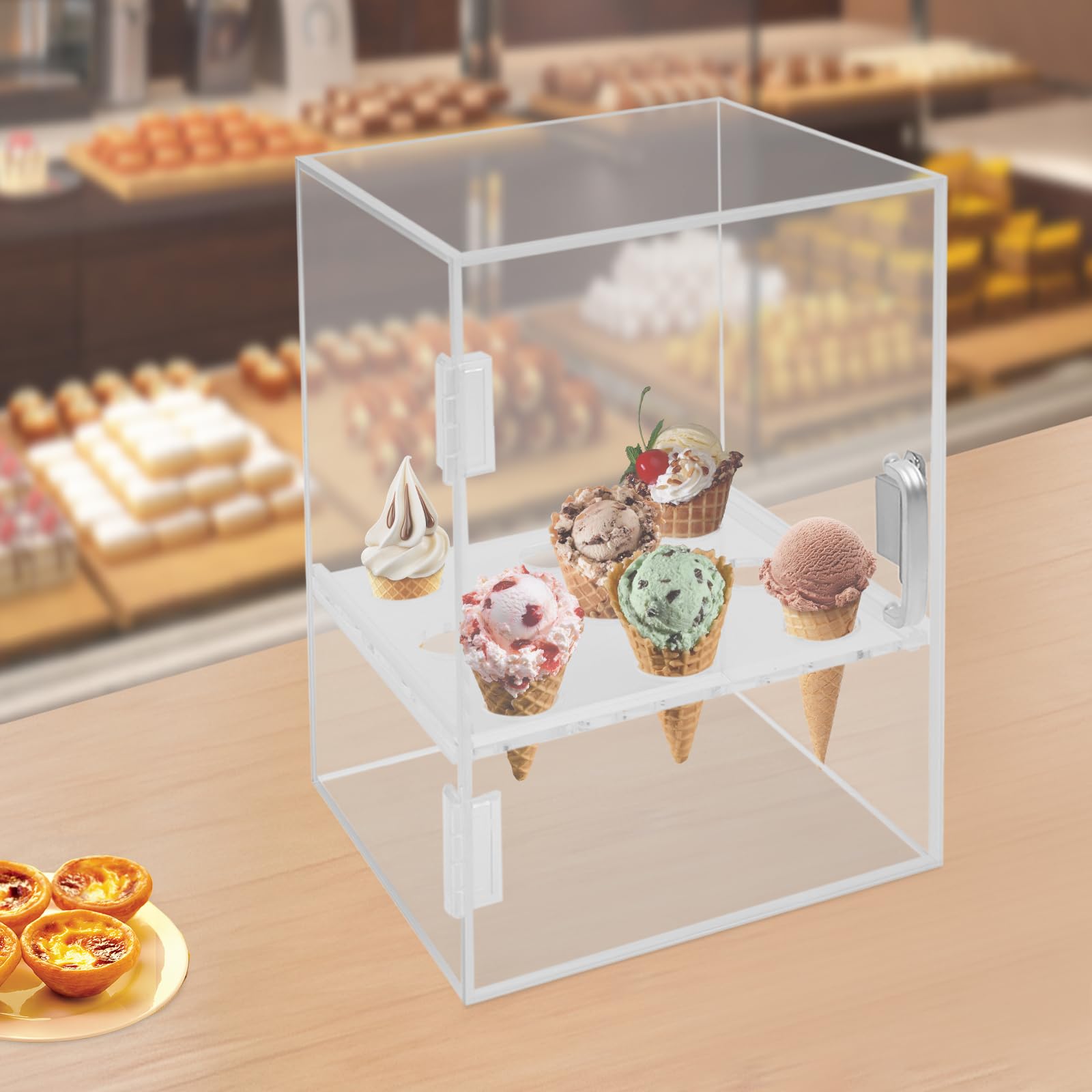 DOONARCES 9 Holes Ice Cream Cone Cabinet Clear Acrylic Ice Cream Cone Holder with Door Egg Roll Cone Storage Display Case Waffle&Wafer Cone Holder Stands for Dessert Shop Party, 12*9*9inch