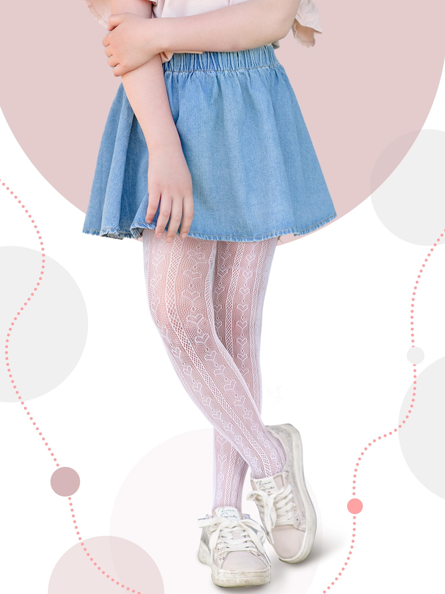 Fourluoo 3 pares de medias de encaje para niñas, medias de red a rayas con patrones de corazón, calcetines elásticos para niños de verano