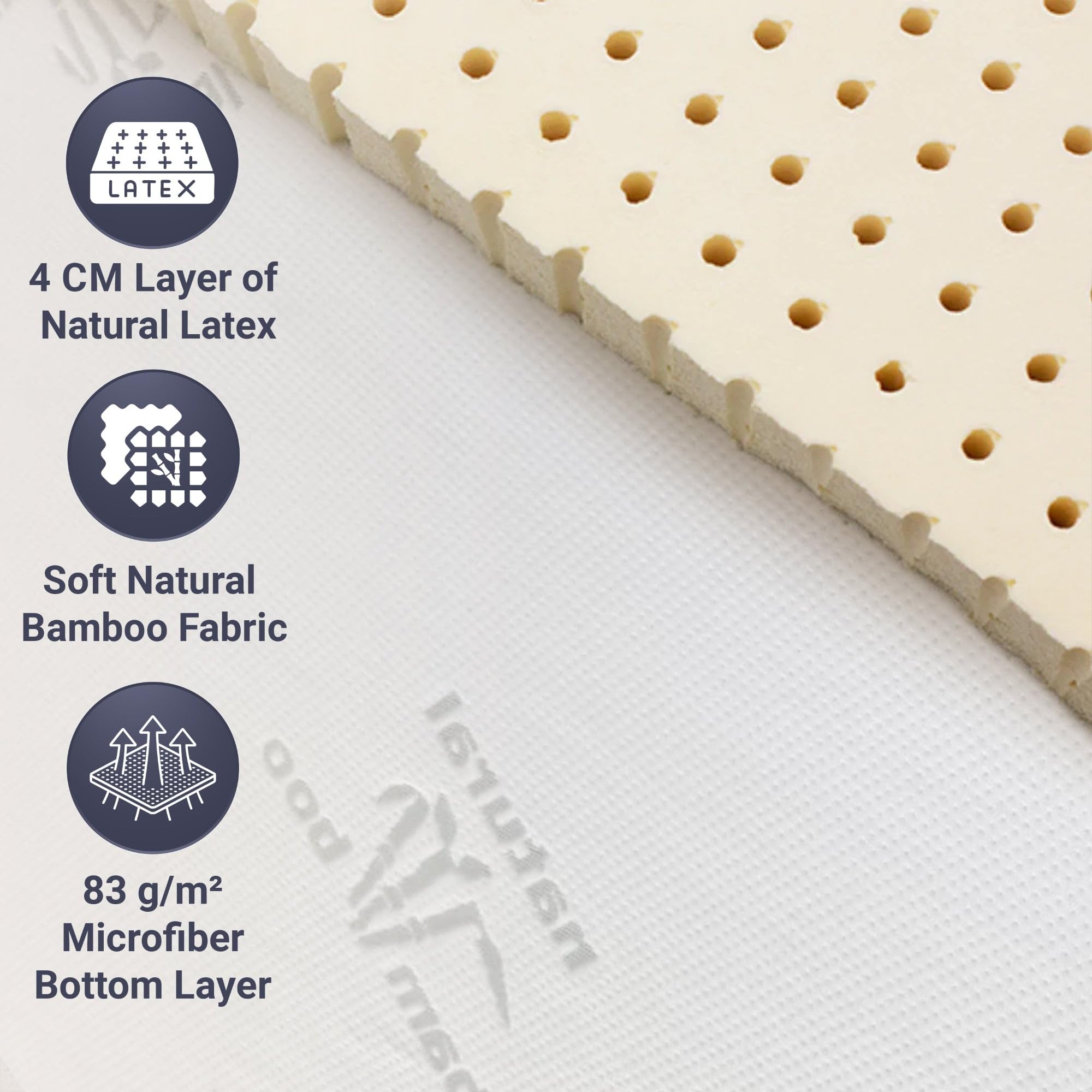 The White Stone Topper Singolo in Lattice Naturale | Tessuto in Bamboo Traspirante e Anallergico Sfoderabile | Altezza 5 cm | Elastici di fissaggio agli Angoli | Correttore per Materasso 80 x 200