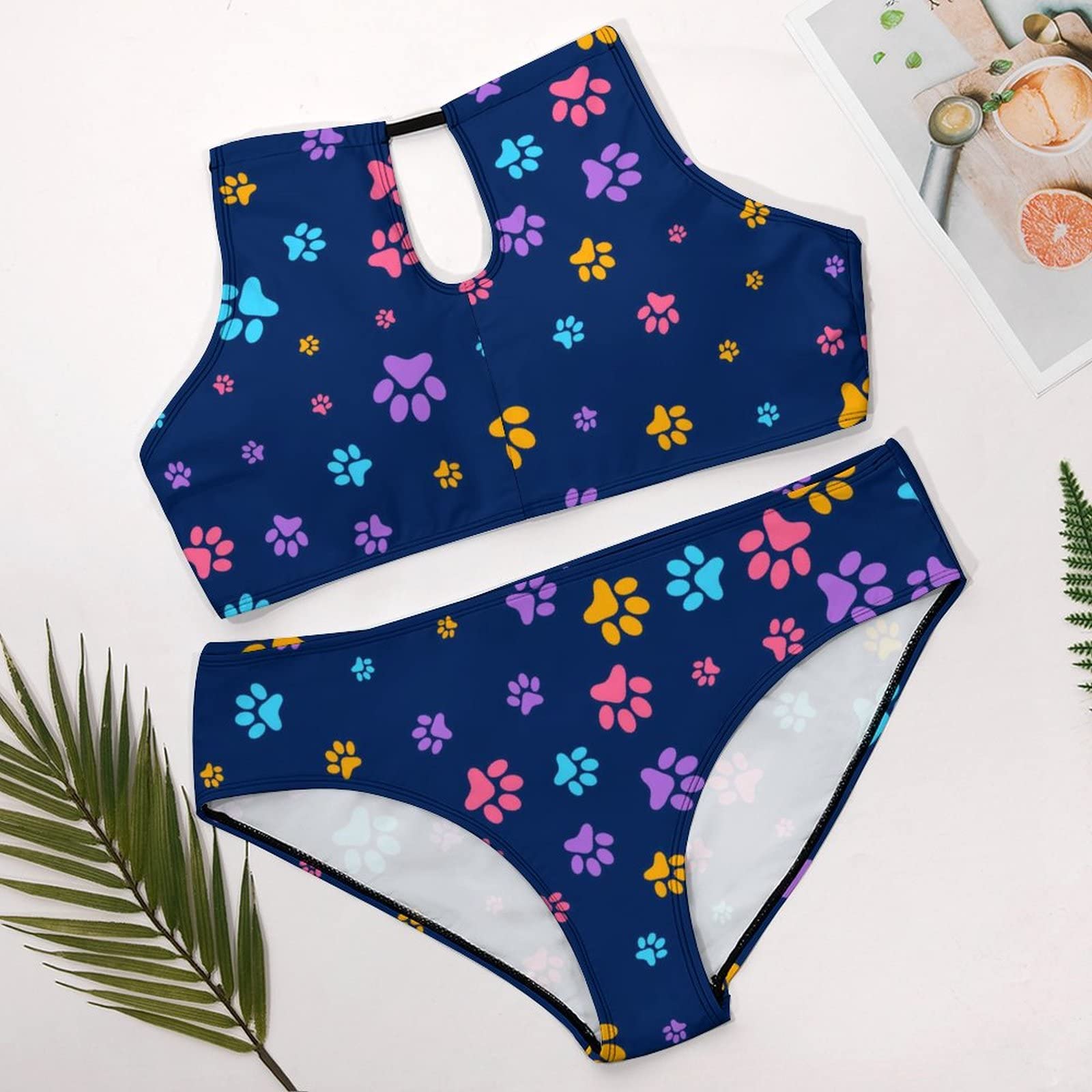 SEPTYK Animal Paw Print Women Sexy Bikini 2 PC Plus Size Swimsuits Hollow Out High Neck Bathing Suit 4XL