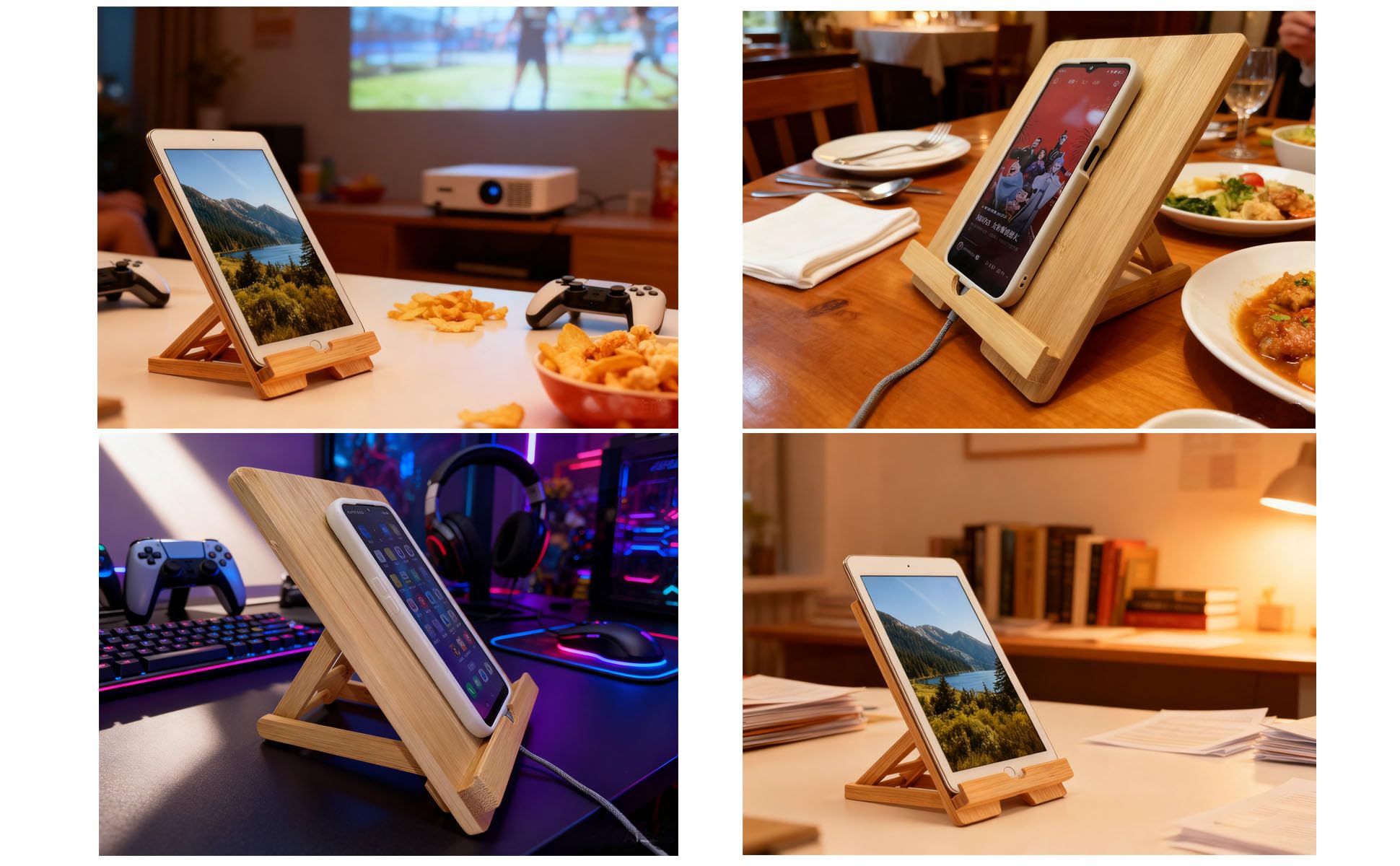 Supporto pieghevole regolabile in bambù per tablet e telefono con porta di ricarica, ideale per scrivania, cucina e relax
