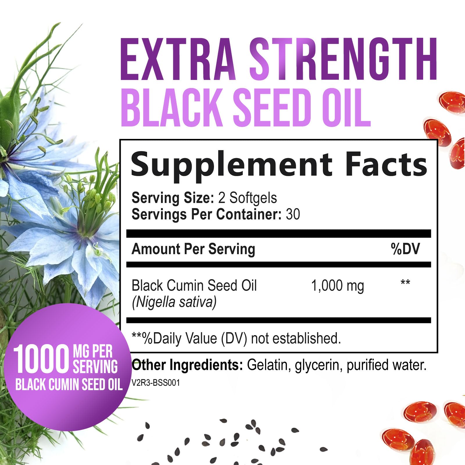 Black Seed Oil Capsules, 1000mg Per Serving - Best Cumin Seed Oil - Pure Nigella Sativa Black Seed Oil & Thymoquinone - Amazing Antioxidant for Skin Support Supplement - Bottled in USA - 60 Softgels — Amazon image 2