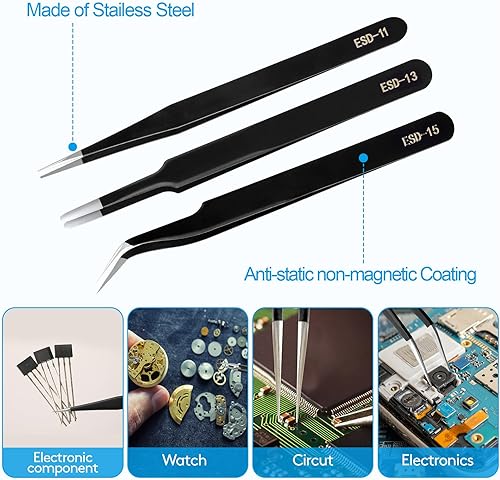 Vista 5 de YHYZ Juego de 3 pinzas de precisión, pinzas ESD antiestáticas de acero inoxidable de alta calidad, adecuadas para pinzas, para manualidades