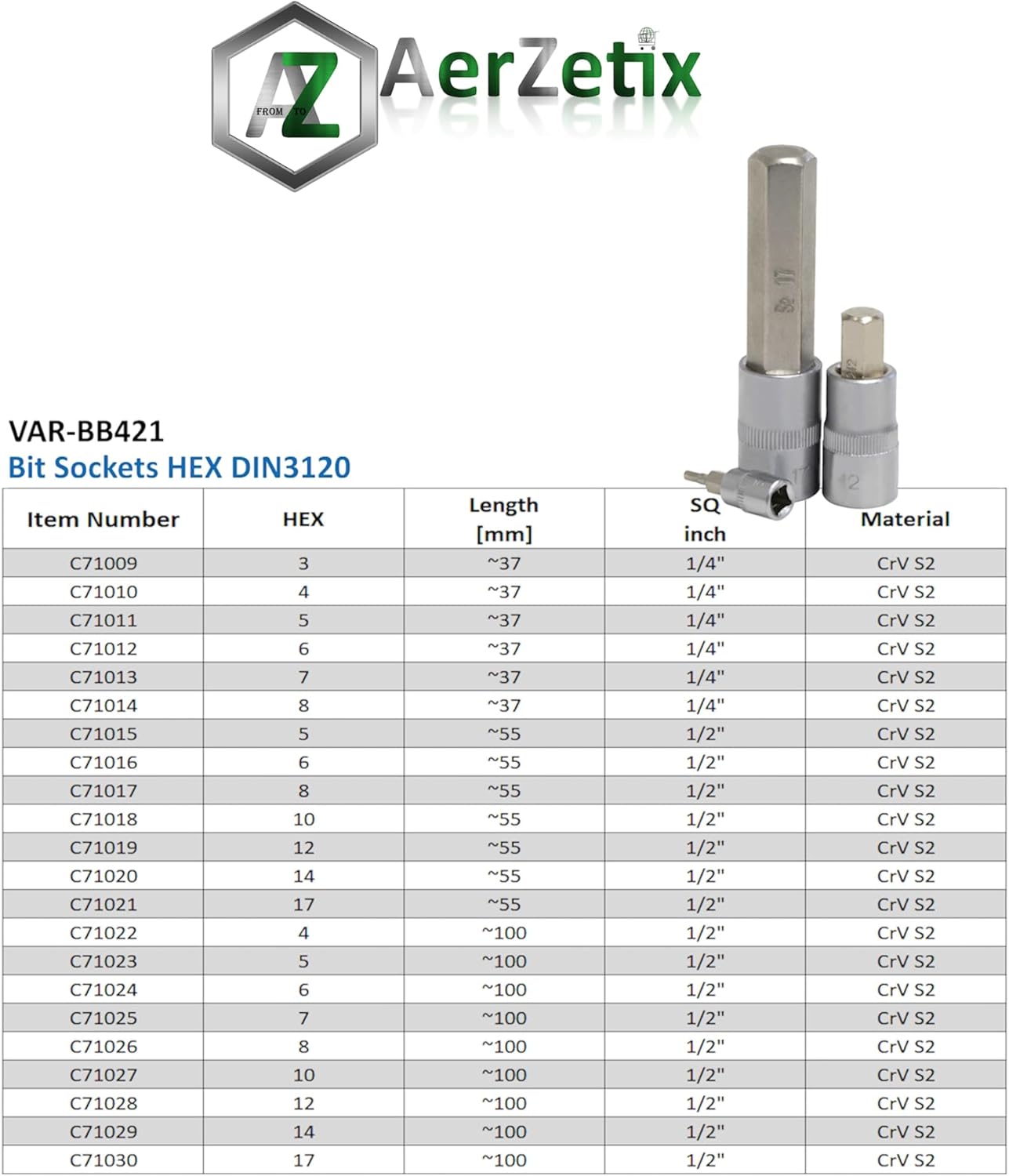AERZETIX - C71024 - Long hexagonal screwdriver socket 1/2'' monoblock 6x100 mm on 6 sides - DIN 3120 - manual ratchet wrench tip - in CR-V 6150 AISI S2 HRC 58-62 steel - nickel-plated finish