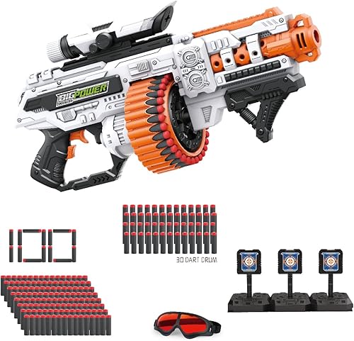 Bigpower Electric Lanzador de dardos motorizado con tambor giratorio de 30 dardos lanzador de espuma de juguete rápido y preciso con 100 dardos de